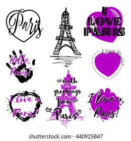 Set of labels with lettering about Paris and heart paint splashes in black and violet isolated on white. Collection of souvenir prints for fabric textiles, clothing, shirts. Vector illustration