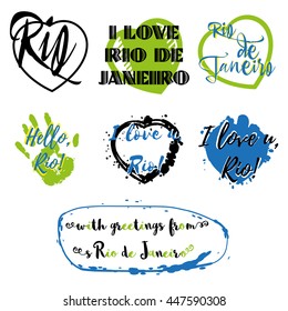 Set of labels with lettering about Rio de Janeiro and heart paint splashes in black, green and blue on white. Collection of souvenir prints for fabric textiles, clothing, shirts. Vector illustration