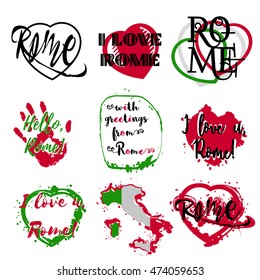 Set of labels with lettering about Rome and heart paint splashes in green white red italic colors on white. Collection of souvenir prints for fabric textiles, clothing, shirts. Vector illustration