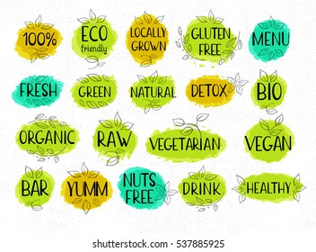 Set of labels, lettering design, calligraphy logotype, leaf, stickers. Eco, bio, locally grown, vegan, vegetarian, green, natural, detox, healthy, menu, gluten free. Hand drawn vector illustration.