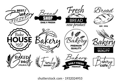 Set of labels and logo for the sale of bread, vector illustration. Banner with the inscription best bakery, daily fresh bread shop, fresh bread new product. Wheat ears and premium quality sketch.