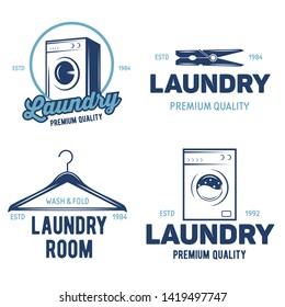 Set of labels or logos for laundry service. Vector emblems and design elements. Laundry logo and household wash templates and badges. Vector illustration.