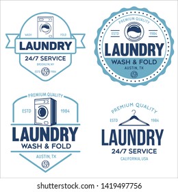 Set of labels or logos for laundry service. Vector emblems and design elements. Laundry logo and household wash templates and badges. Vector illustration.