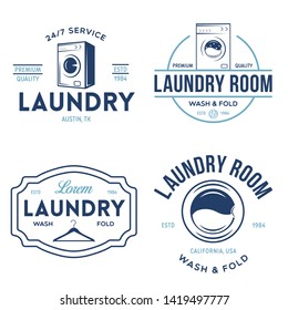 Set of labels or logos for laundry service. Vector emblems and design elements. Laundry logo and household wash templates and badges. Vector illustration.