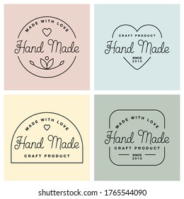 Set labels or logos with lettering hand made. Vector flat illustrations. Modern and stylish badges of different shapes. Thin line inscription handmade, made with love, craft product on pastel colors.