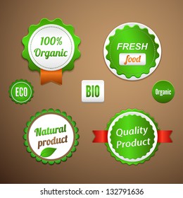 Set of labels, logos and stickers on organic and natural food
