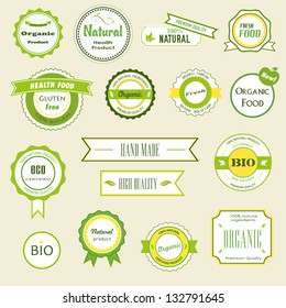 Set of labels, logos and stickers on organic and natural food