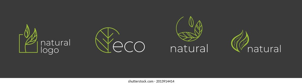 Set of labels, logos with text. Natural, eco. ECO logo. Natural logo. Natural  badges for green company. Collection of logos. Natural logos with leaves.