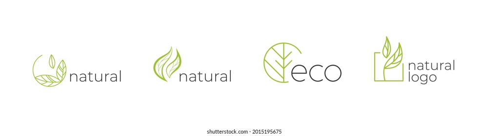 Conjunto de etiquetas, logotipos con texto. Natural, eco. Logo de ECO. Logo natural. Insignias naturales para la compañía verde. Colección de logotipos. Logotipos naturales con hojas.