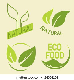Set of labels, logos with text. Natural, eco food. Organic food badges in vector (cosmetic, food). Vector logos. Natural logos with leaves.
