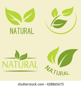 Set of labels, logos with text. Natural, eco food. Organic food badges in vector (cosmetic, food). Vector logos. Natural logos with leaves.