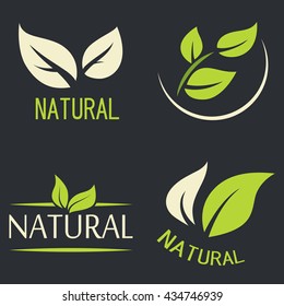 Set of labels, logos with text. Natural, eco food. Organic food badges in vector (cosmetic, food). Vector logos. Natural logos with leaves.