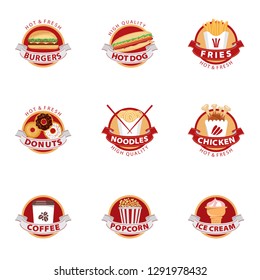 Set of labels, logotype and elements for different fast food. Burgers, pizza, hot dog, coffee