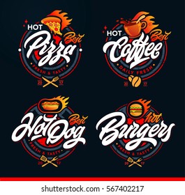 Set of labels, logotype and elements for different fast food. Burgers, pizza, hot dog, coffee