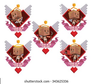 Set of labels made from hearts, wings and banners with Cute cupids in white clothes with white wings behind holding bows and arrows, They prepare to Valentines day, did in cube style.  vector