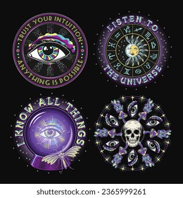 Set of labels with magic crystal ball, zodiacal signs, human skull, text. Surreal, mystic, occult concept. For clothing, apparel, T-shirts, surface decoration. Vintage style illustration on black