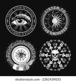 Juego de etiquetas con bola de cristal mágico, signos zodiacales, cráneo humano, texto. Surrealista, místico, oculto concepto. Para ropa, ropa, camisetas, decoración superficial. Ilustración de estilo vintage sobre negro