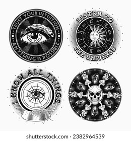 Set of labels with magic crystal ball, zodiacal signs, human skull, text. Surreal, mystic, occult concept. For clothing, apparel, T-shirts, surface decoration. Vintage style illustration on white