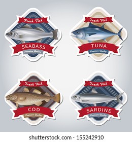 Set of labels with marketable fish. Vector illustration.