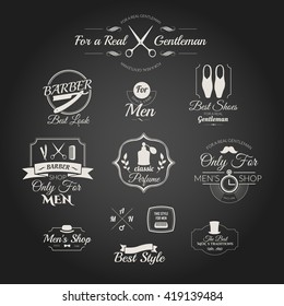 Set of labels for men clothing and accessories. Gentleman logos. Vintage barber shop logo, badges and elements. Icons for your design. 