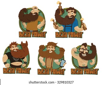 Set of labels with men with strong beards, punk, biker, man with beer bottles, hipster, and ordinary man, 5 labels, vector