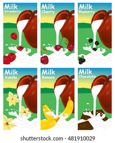 Set of labels for milk or yogurt. Strawberry, cherry, vanilla, banana, chocolate and blueberries. Vector illustration.