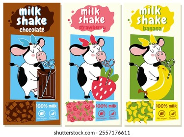 A set of labels for milkshakes.  Milkshakes for children with a retro-style illustration of a cow drinking a drink from a glass. Strawberry, banana and chocolate flavored drinks.