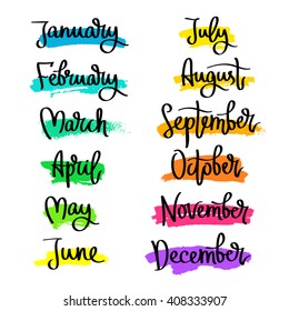 Set of labels of the months of the year. Fashionable calligraphy. January, February, March, April, May, June, July, August, September, November, December. Vector illustration.