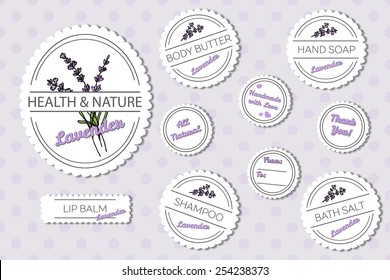 Set of labels for natural bath body products on spotted seamless background: lip balm, shampoo, bath salt, hand soap, body butter. Lavender -  Lavandula angustifolia