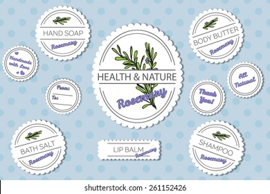 Set of labels for natural bath body products on spotted seamless background: lip balm, shampoo, bath salt, hand soap, body butter. Rosemary -  Rosmarinus officinalis