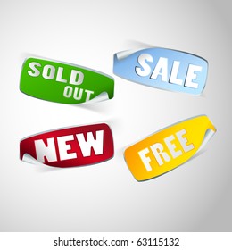 Set of labels for the new, sold out and  free, discount item