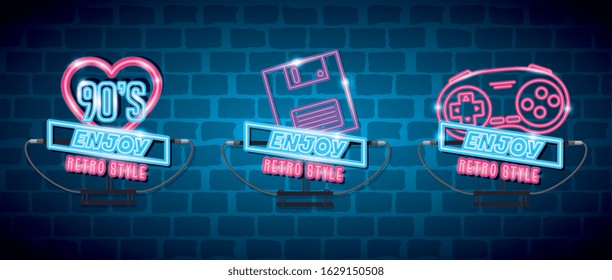 set of labels nineties retro style neon light vector illustration design