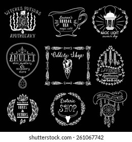 Set of labels for oddity shops and esoteric places. Vector illustration.