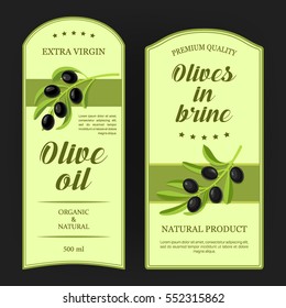 Set of labels for olive oil with black olives branches. Vector stickers designed for advertising olive oil or olives in brine premium quality.
