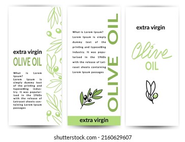 A set of labels for olive oil. Hand-drawn olive sprigs in doodle style. Mediterranean cuisine. Design templates for oil packaging.