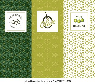 Set of Labels for Olive Oils with seamless pattern of olive oil and leaves for sticker packaging