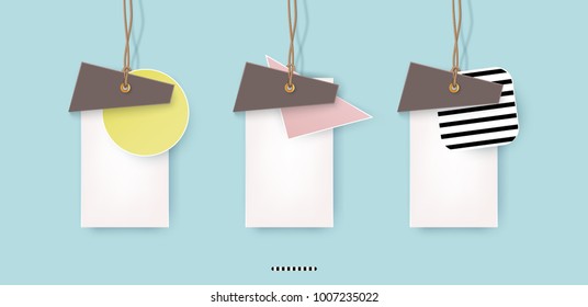 A set of labels on realistic twine, creative design, pastel, overlapping forms., pace for text. Advertising Design shape. Vector illustration