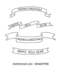 A set of labels on ribbons in Doodle style. The sketch is hand-drawn and isolated on a white background. Element of new year and Christmas design. Outline drawing. Black-white vector illustration