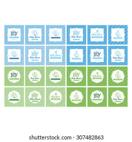 Set of labels on textured backgrounds for baby showers. Vector illustration