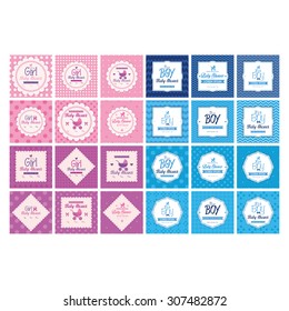 Set of labels on textured backgrounds for baby showers. Vector illustration