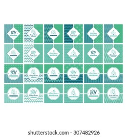 Set of labels on textured backgrounds for baby showers. Vector illustration