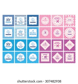 Set of labels on textured backgrounds for baby showers. Vector illustration