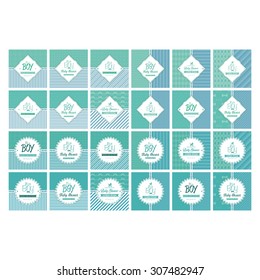 Set of labels on textured backgrounds for baby showers. Vector illustration
