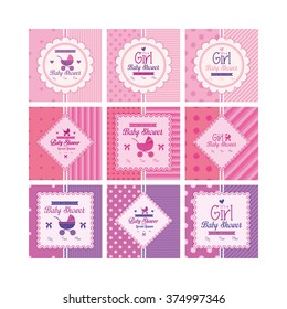 Set of labels on textured backgrounds for baby showers. Vector illustration