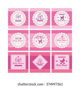 Set of labels on textured backgrounds for baby showers. Vector illustration