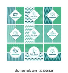 Set of labels on textured backgrounds for baby showers. Vector illustration