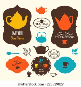 Set of labels on  theme tea. Tradition of teatime. Tea logo