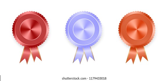 Set of labels orange, red and blue with colored ribbons with gold ribbon on white background. Collection of world medals for winning products orange medal, blue medal, red medal 