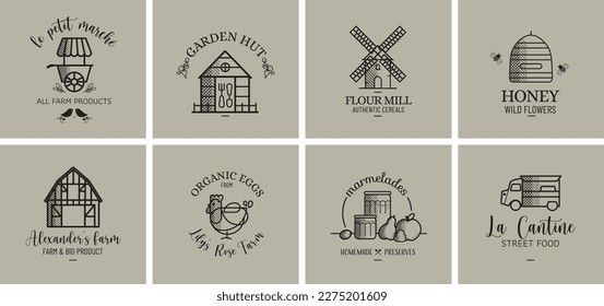 set of labels for organic labels, ecologic, vegetable market, vegetable garden, flour mill, honey and beehive, free-range eggs, organic farm, jams and preserves, foodtruck