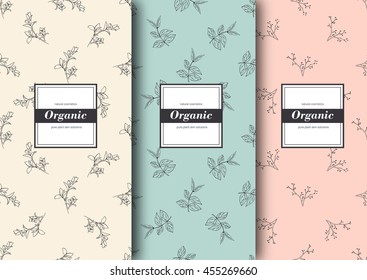 Set of labels, packaging for organic shop or natural cosmetics. Vector floral patterns with tender colors. Template for packing product.